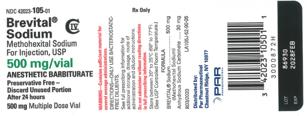 Brevital 500 mg vial label: lot 86930, expiry February 2028.