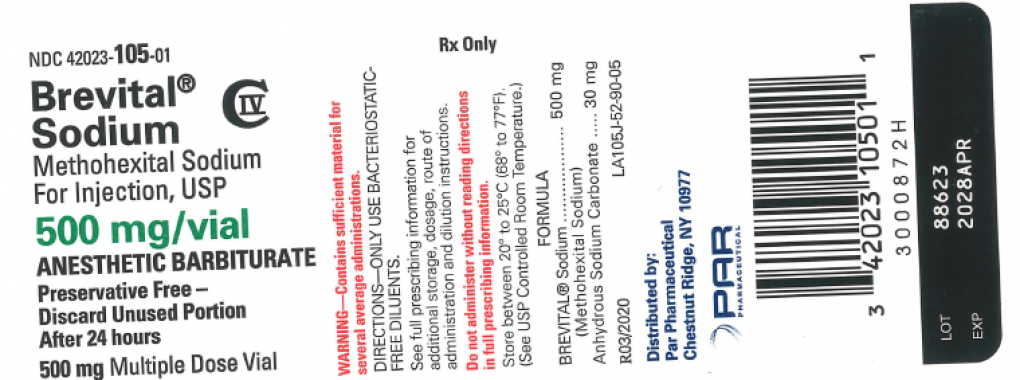 Brevital 500 mg vial label: lot 88623, expiry April 2028.