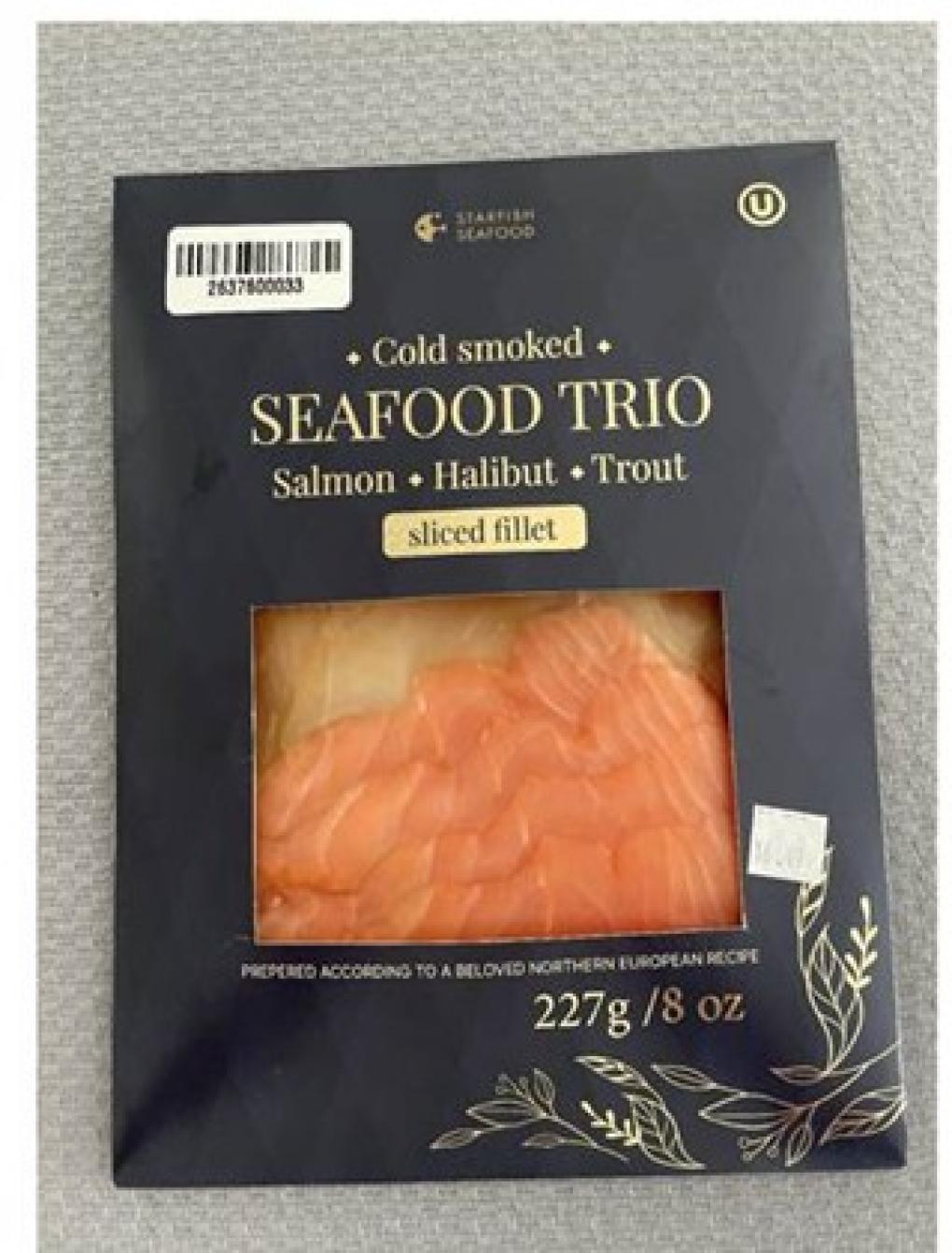 Starfish Seafood Trio front; lot and expiry are in the notice, not legible on this photo.